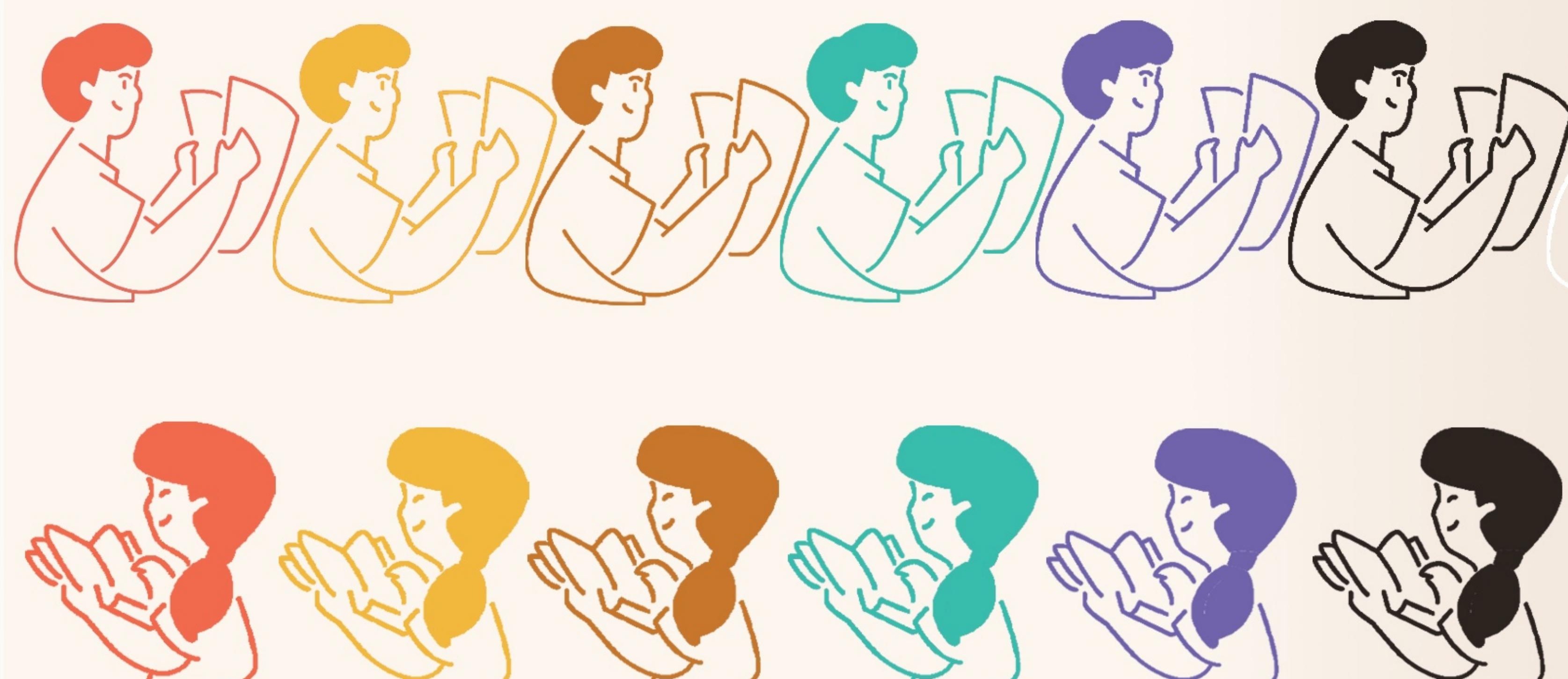 Illustrated characters in every brand accent colour, shown mid-conversation