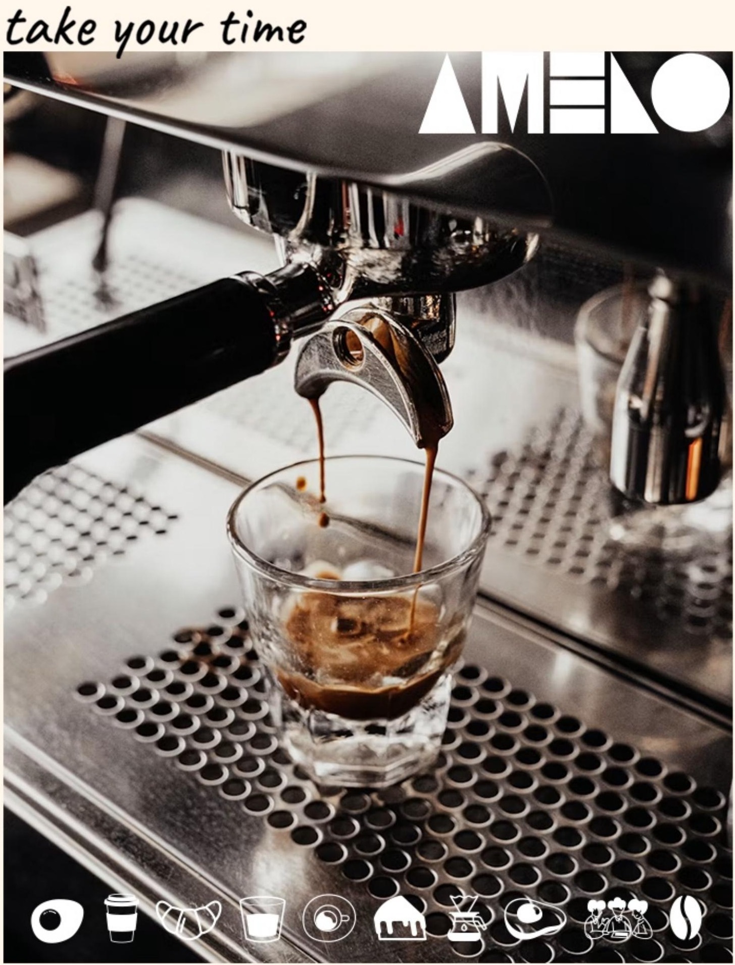 Espresso being pulled at Amelo, with the Amelo logo and category icons overlaid on the photo