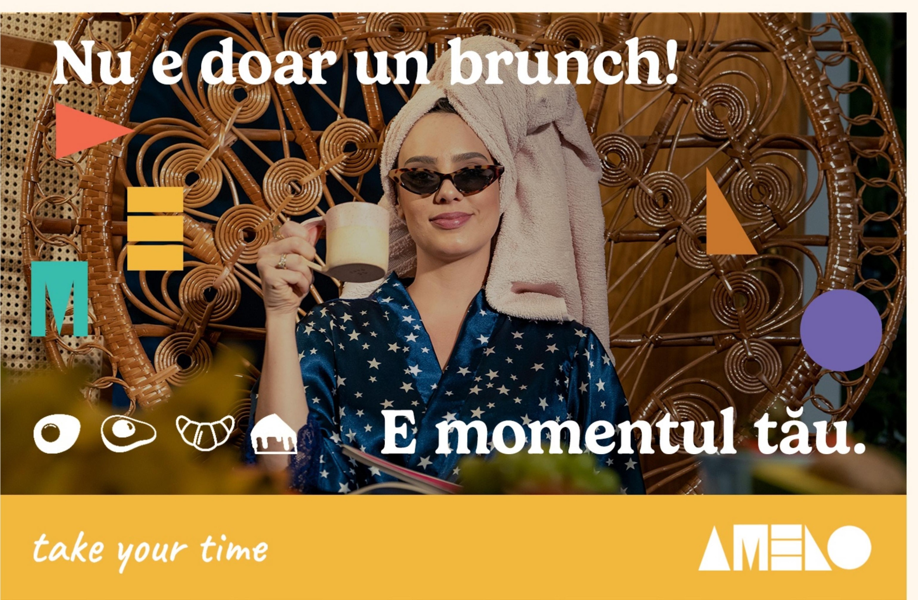 Amelo social media post: a woman with a towel on her head holding a cup, with the headline 'It's not just a brunch' and 'This is your moment'