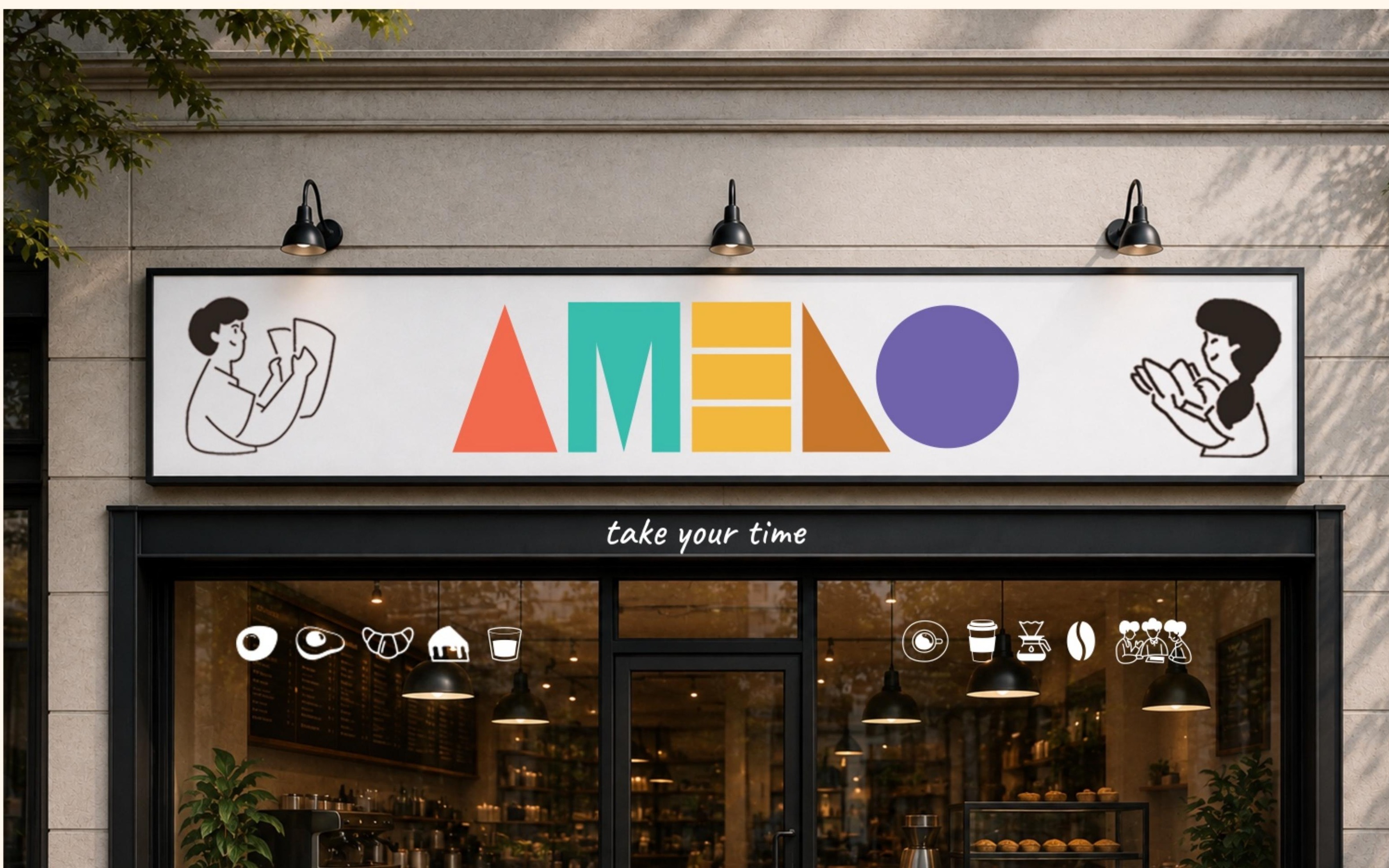 Amelo storefront sign above the café entrance, with the logo, illustrated characters and take your time tagline